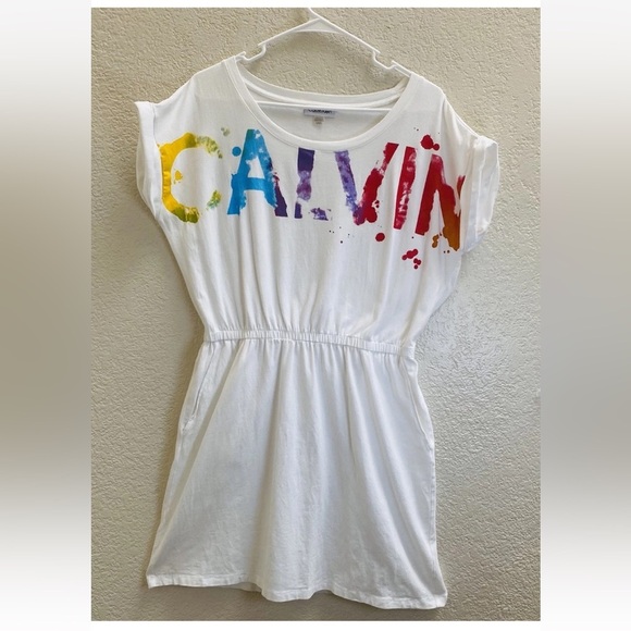 Calvin Klein Dresses & Skirts - Calvin Klein T-Shirt Dress Rainbow Paint Logo Pockets Cinched Size L - 90’s Vibe